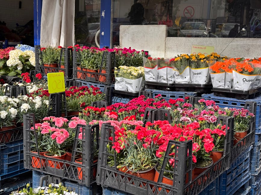 A display of flower pots arranged on black plastic crates outside a flower shop. The arrangement includes pink, red, white, yellow, and orange flowering plants, primarily carnations and other small bl